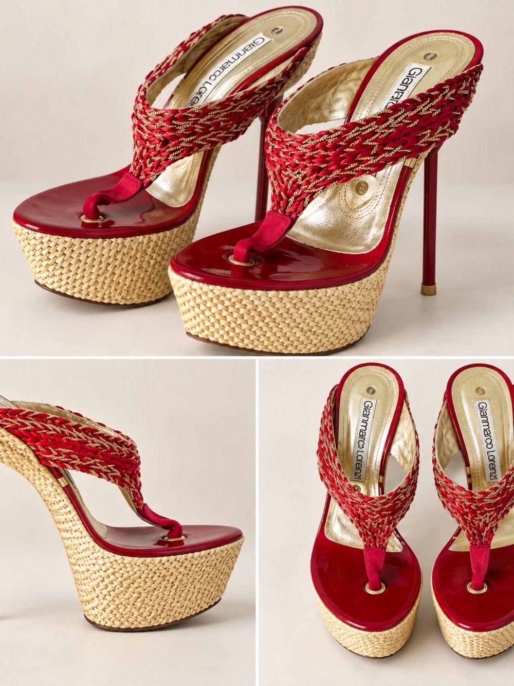 Gianmarco Lorenzi Red Braided Platform Thong Sandals
